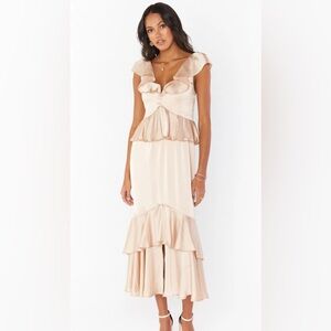 Show Me Your Mumu Reese Ruffle Dress Champagne Luxe Satin Maxi Size L